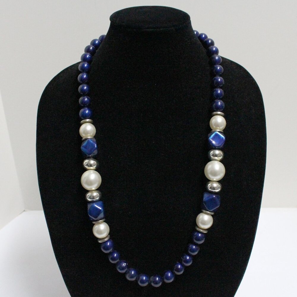 Blue, Silver Bead & Imitation Pearl 30" Long Resin Spring Ring Clasp Necklace